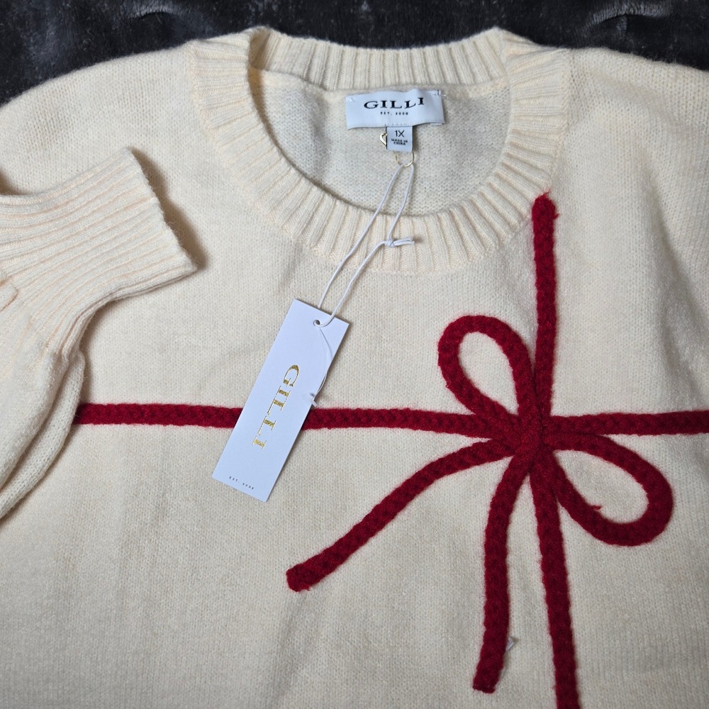 Gilli Womens Cream Red Bow Gift Wrap Balloon Sleeve Knit Sweater 1X NEW Holiday